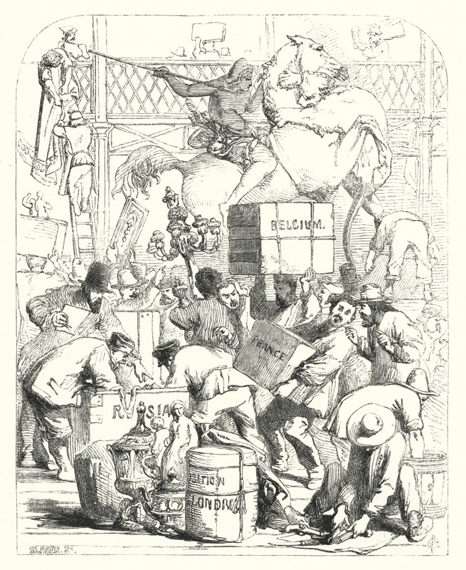 Arrival of goods to be exhibited at the Great Exhibition of 1851, Crystal Palace, Hyde Park, London (engraving) بواسطة جون (بعد) جيلبرت