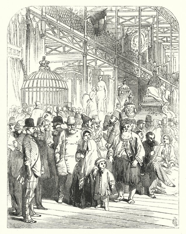العارضون والزوار في كريستال بالاس ، هايد بارك ، لندن ، مكان المعرض الكبير لعام 1851 (نقش) بواسطة جون (بعد) جيلبرت