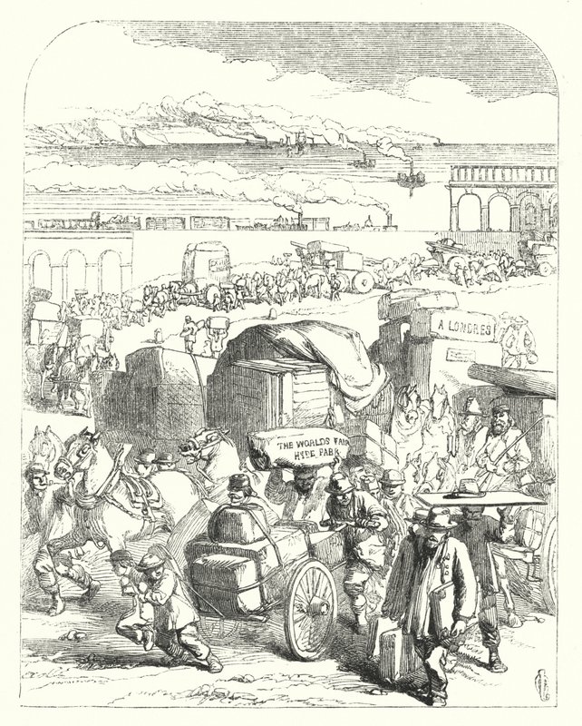 سفن وقطارات تجلب الزوار إلى المعرض الكبير لعام 1851 ، كريستال بالاس ، هايد بارك ، لندن (نقش) بواسطة جون (بعد) جيلبرت