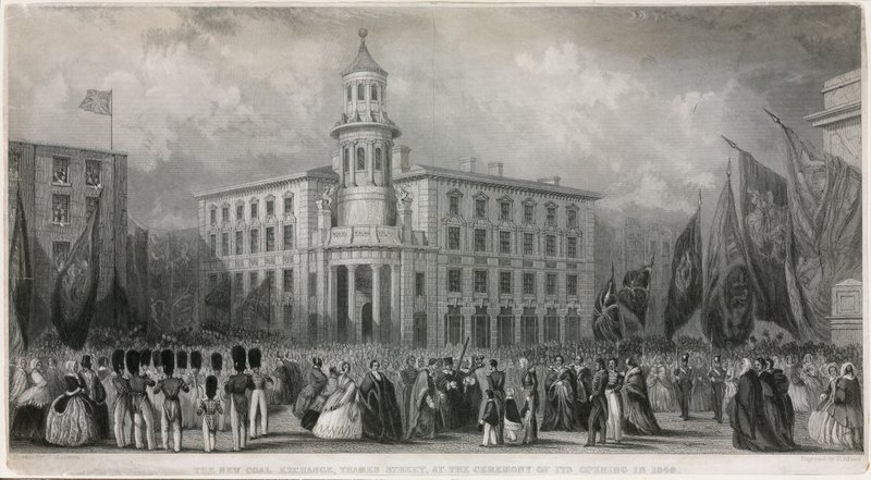 بورصة الفحم الجديدة ، شارع التايمز ، في حفل افتتاحها عام 1849 بواسطة جون فرانسيس سالمون