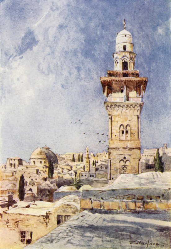 A Minaret in the North West Corner of the Temple Area (colour litho) بواسطة جون فوليلوف