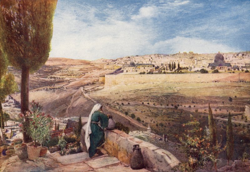 القدس ، من البقعة التقليدية على جبل الزيتون حيث بكى المسيح على المدينة (لون ليثو) بواسطة جون فوليلوف