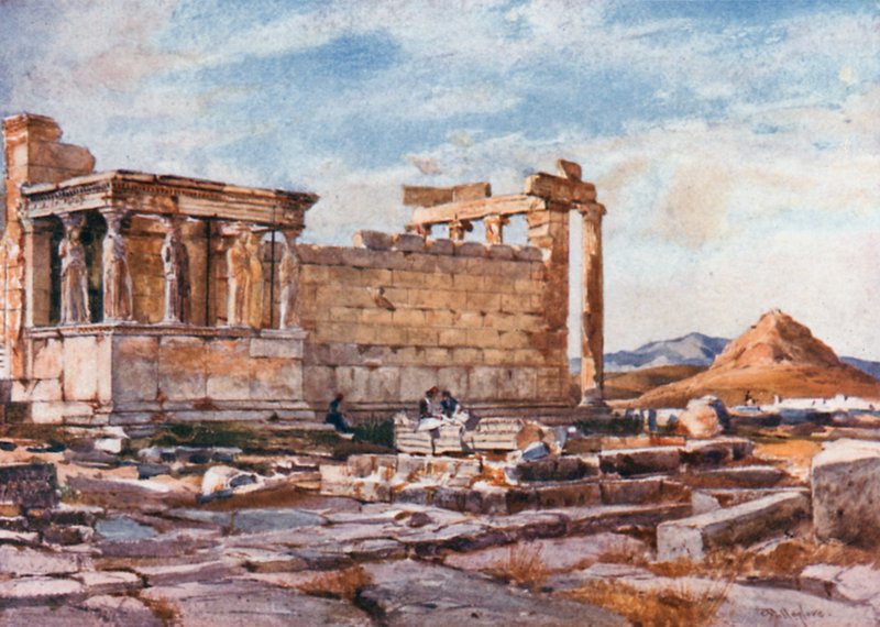 الجانب الجنوبي من Erechtheum ، مع أسس المعبد السابق لأثينا بولياس بواسطة جون فوليلوف