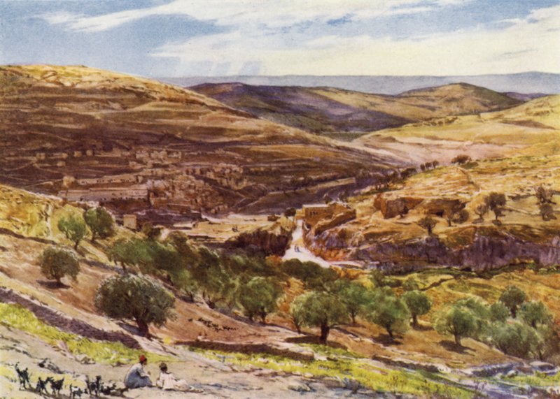Valley of Hinnom, with Hill of Offence (colour litho) بواسطة جون فوليلوف