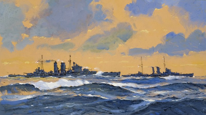 الطرادان البريطانيان HMS Exeter و HMS York (غواش على ورق) بواسطة جون س سميث