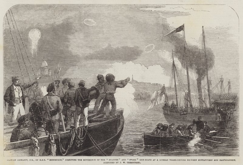 الكابتن هيوليت ، CB ، من HMS إدنبرة ، يوجه حركات Snapper و Stork Gun-Boats في روسي ثلاثي الطوابق بين Gustafsvern و Bartholomew بواسطة جون ويلسون كارمايكل