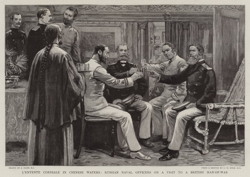 L&39;Entente Cordiale في المياه الصينية ، ضباط البحرية الروسية في زيارة لرجل الحرب البريطاني بواسطة جوزيف ناش