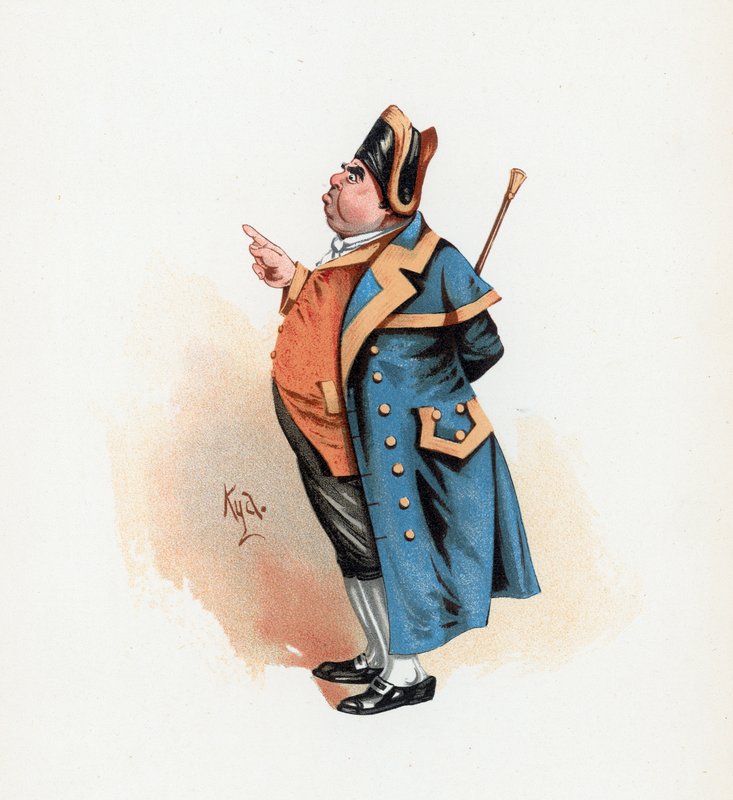 السيد بومبل ، رسم توضيحي من "رسومات شخصية من تشارلز ديكنز" ، عام 1890 (لون ليثو) بواسطة جوزيف كلايتون كلارك
