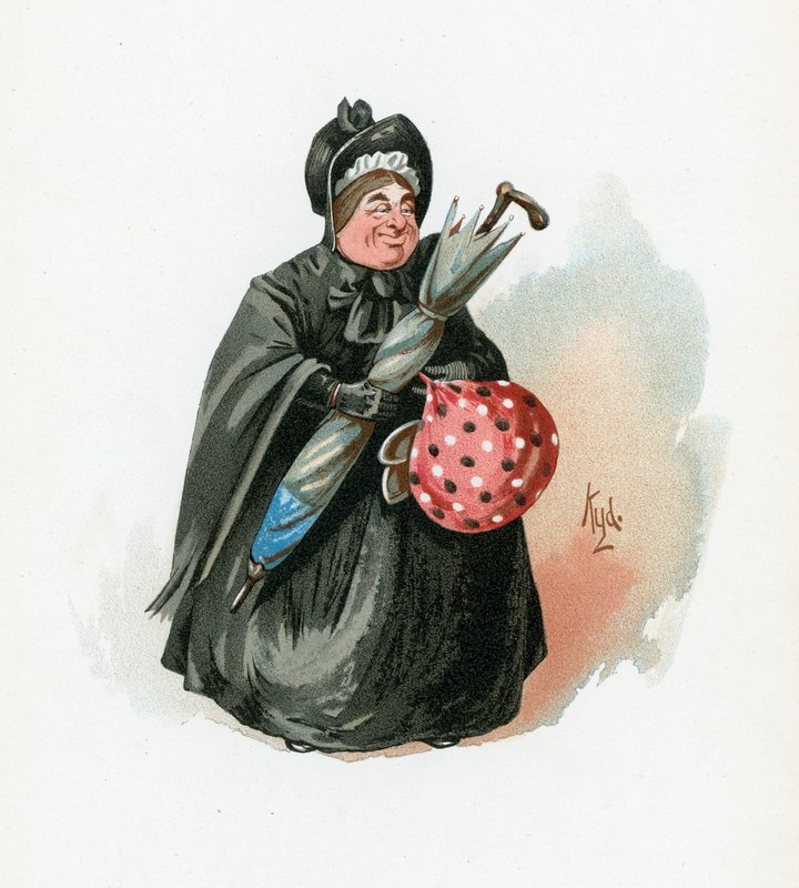 السيدة غامب ، رسم توضيحي من "رسومات شخصية من تشارلز ديكنز" ، عام 1890 بواسطة جوزيف كلايتون كلارك