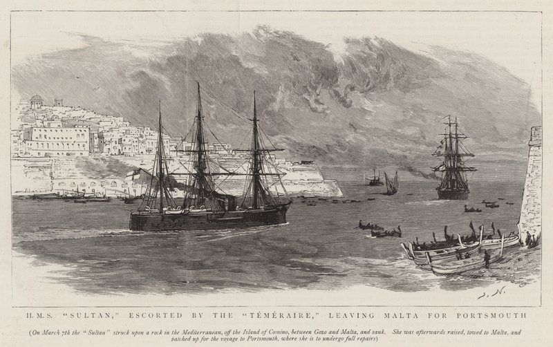 صاحب الجلالة سلطان ، يرافقه Temeraire ، غادر مالطا إلى بورتسموث بواسطة جوزيف ناش