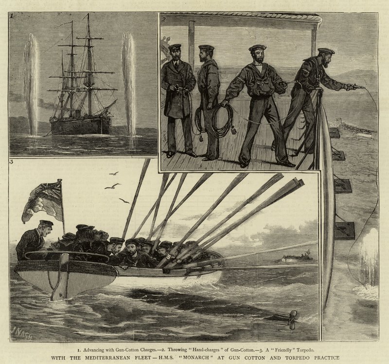 مع أسطول البحر الأبيض المتوسط ، HMS Monarch at Gun Cotton and Torpedo Practice بواسطة جوزيف ناش