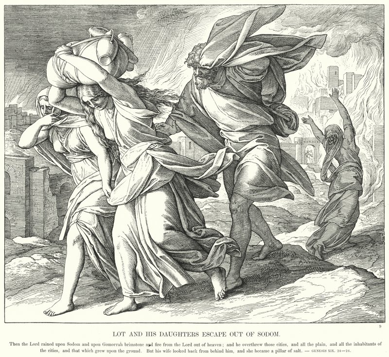 Lot and his Daughters Escape Out of Sodom (engraving) بواسطة يوليوس (بعد) شنور فون كارولسفيلد
