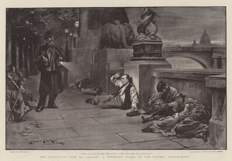 The Houseless Poor of London ، مشهد منتصف الليل على ضفة نهر التايمز بواسطة لانس كالكين