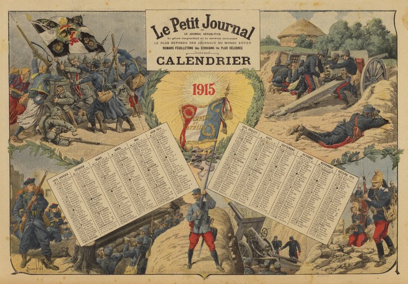 تقويم عام 1915 ، مع مشاهد ساحة المعركة في الحرب العالمية الأولى (حجر ملون) بواسطة لويس تشارلز (بعد) قصف