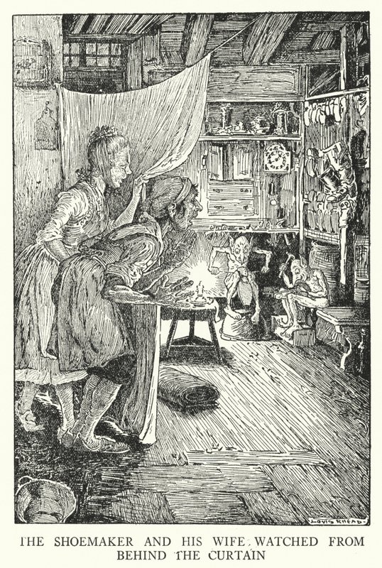 The shoemaker and his wife watched from behind the curtain (litho) بواسطة لويس جون ريد