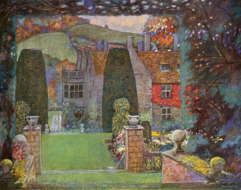 حديقة في سانت كاثرين كورت، بالقرب من باث، تصميم بيلي سكوت وبيريسفورد، مهندسون معماريون، باستيل بواسطة إم إتش إتش بيلي ... (طباعة حجرية ملونة) بواسطة ماكاي هيو (بعد) بيلي سكوت