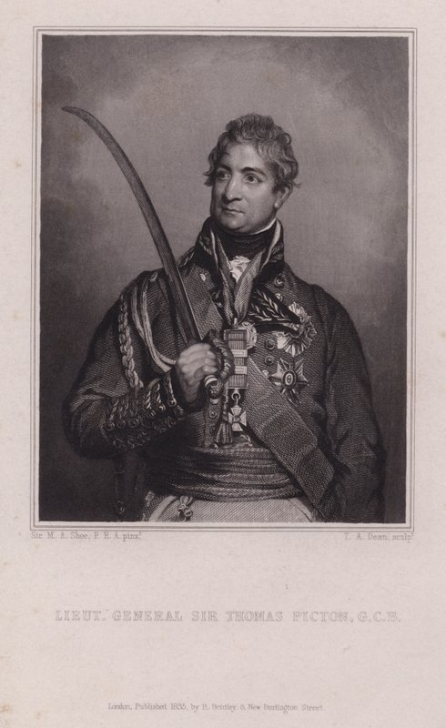 Sir Thomas Picton, Welsh general of the Napoleonic Wars killed at the Battle of Waterloo (engraving) بواسطة مارتن آرتشر (بعد) شي