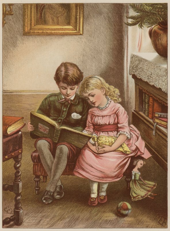 فتى وفتاة يقرأان كتابًا (chromolitho) بواسطة ماري إلين إدواردز