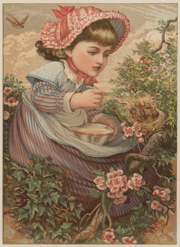 فتاة تتغذى على طيور صغيرة (chromolitho) بواسطة ماري إلين إدواردز