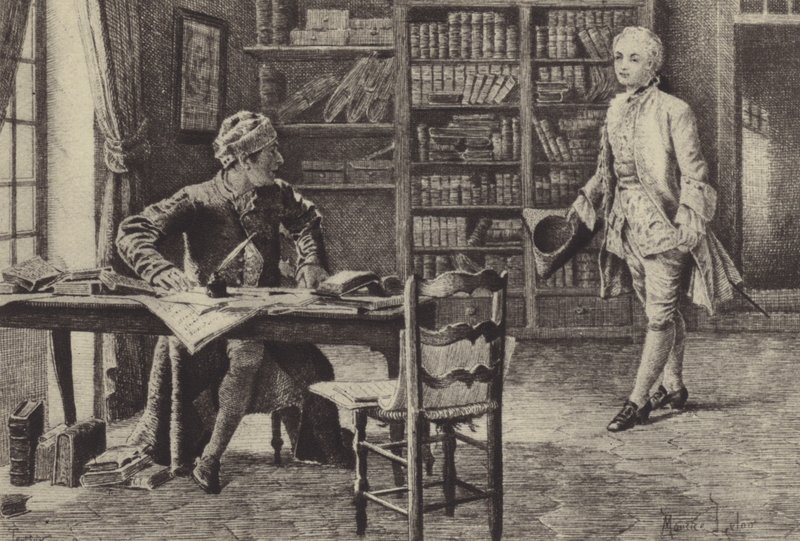 رسم توضيحي للكتاب التاسع من كتاب الاعترافات بقلم جان جاك روسو (نقش) بواسطة موريس ليلوار
