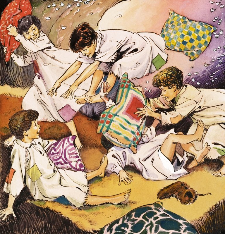 عراك بالوسائد، رسم توضيحي من رواية "بيتر بان" ل ج. م. باري (غواش على ورق) بواسطة نادر كوينتو