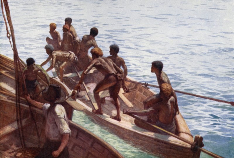 Copra Boys off to the Shore, New Hebrides (colour litho) بواسطة نورمان هاردي