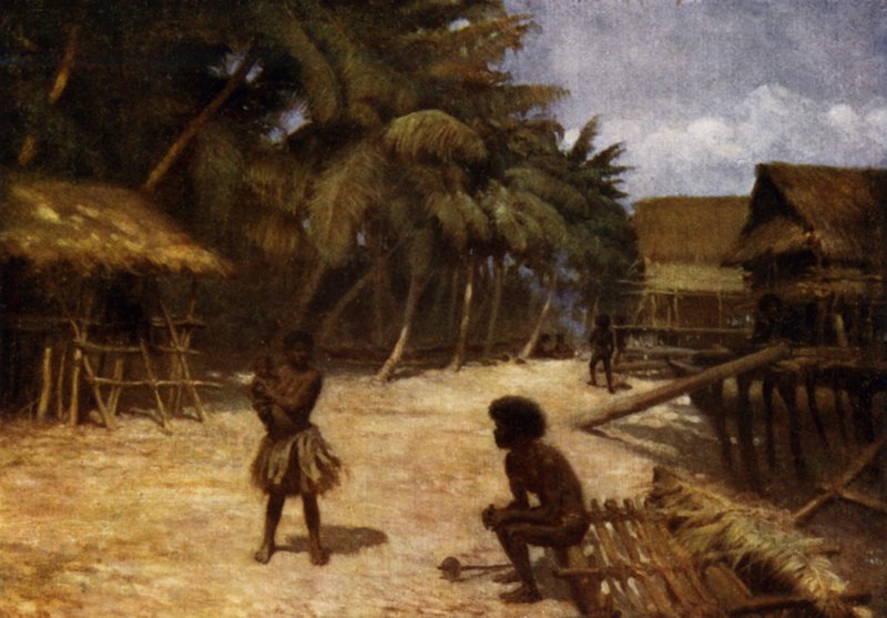 Motu Village, Port Moresby, British New Guinea (colour litho) بواسطة نورمان هاردي