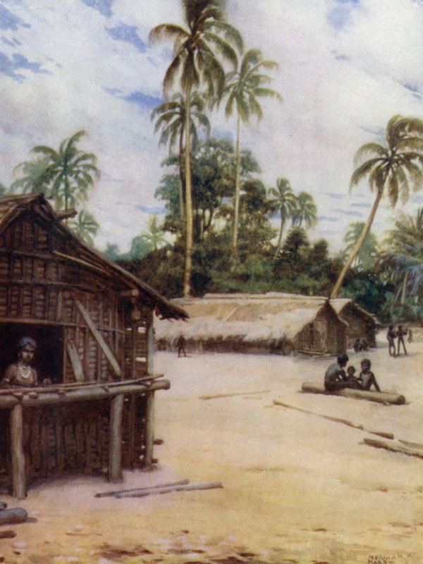 Solomon Island Village, near Marau Sound, New Florida (colour litho) بواسطة نورمان هاردي