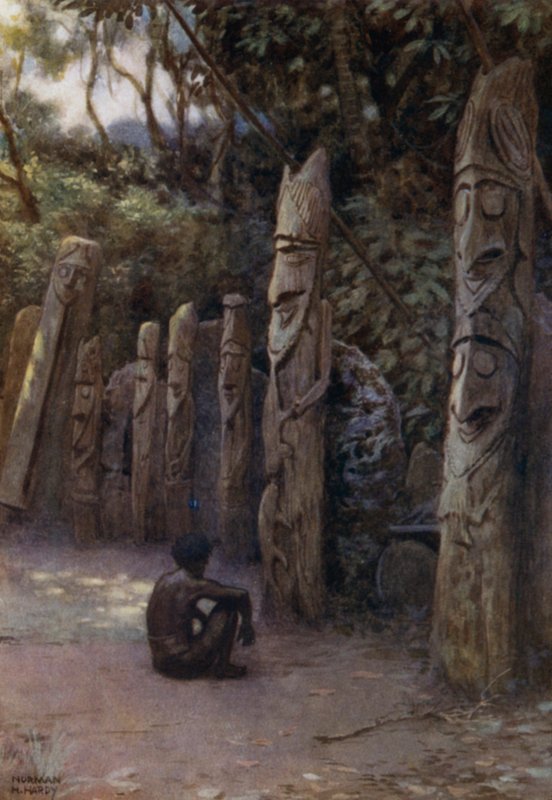 The Stone "Demits," or the Souls, with their attendant wooden figures, Malekula Island, New Hebrides (colour litho) بواسطة نورمان هاردي