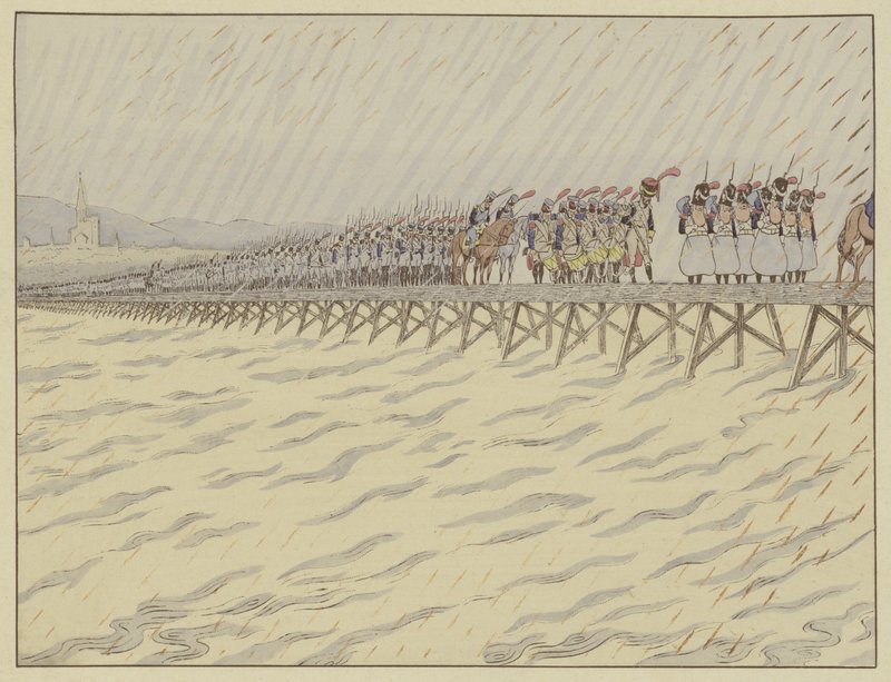 نابليون وجيشه يعبرون نهر الراين في كيل ، 1 أكتوبر 1805 بواسطة وظيفة Onfray de Breville