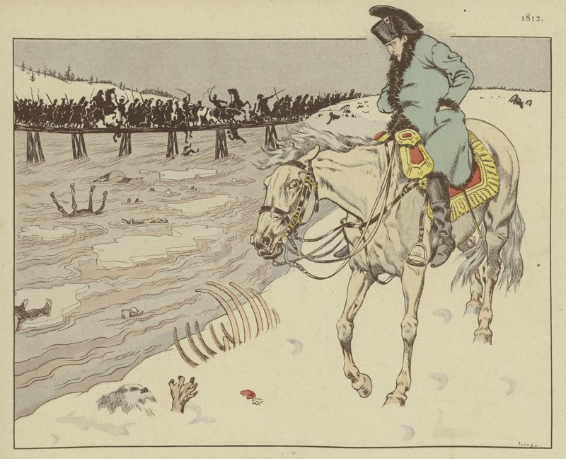 نابليون يراقب بقايا ذراعه الكبير وهو يركب نهر بيريزينا أثناء التراجع من موسكو ، 1812 بواسطة وظيفة Onfray de Breville