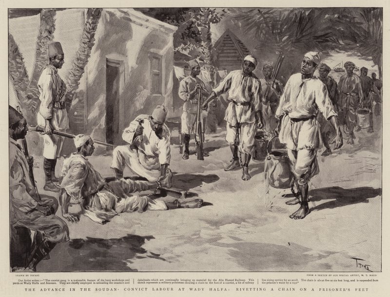 التقدم في السودان ، إدانة عمالة في وادي حلفا ، مسكة سلسلة على أقدام السجين بواسطة أوزوالدو توفاني