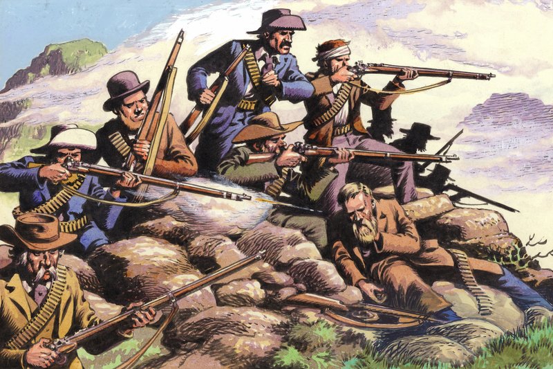 1880، البوير في ترانسفال يقاتلون في تل ماجوبا خلال حرب البوير الأولى (غواش على ورق) بواسطة بات (1907-95) نيكول