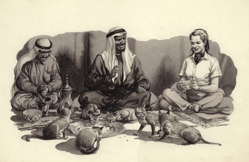 رجل عربي يطعم قططه (غواش على ورق) بواسطة بات (1907-95) نيكول