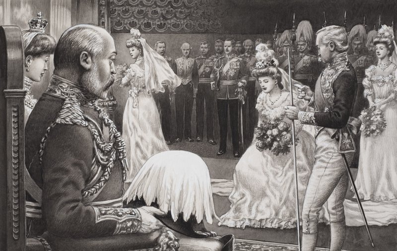 تقديم المبتدئين إلى إدوارد السابع (1844-1925) والملكة ألكسندرا (1841-1910) (غواش على ورق) بواسطة بات (1907-95) نيكول