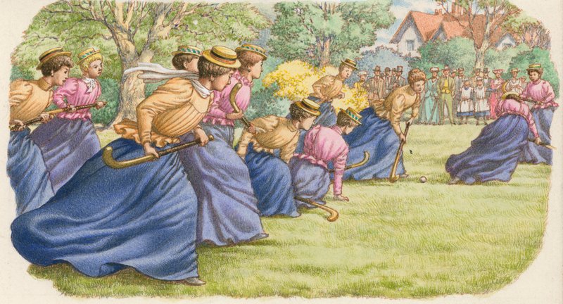 الهوكي، كما تلعبها نساء يرتدين تنانير طويلة (غواش على ورق) بواسطة بات (1907-95) نيكول