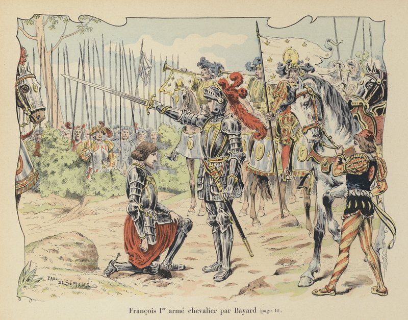 منح الملك فرانسيس الأول ملك فرنسا لقب فارس من قبل Chevalier de Bayard بعد معركة Marignano ، إيطاليا ، 1515 بواسطة بول دي سيمانت