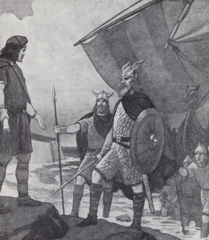 وصول الأخوين Hengist و Horsa إلى Ebbsfleet ، Isle of Thanet ، Kent ، أثناء غزو Angles و Saxons و Jutes في القرن الخامس (litho) بواسطة بول (بعد) هاردي