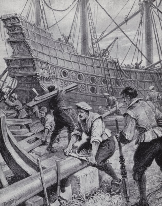 Building of the English galleon Ark Royal, the flagship in the fight against the Spanish Armada in 1588 (litho) بواسطة بول (بعد) هاردي