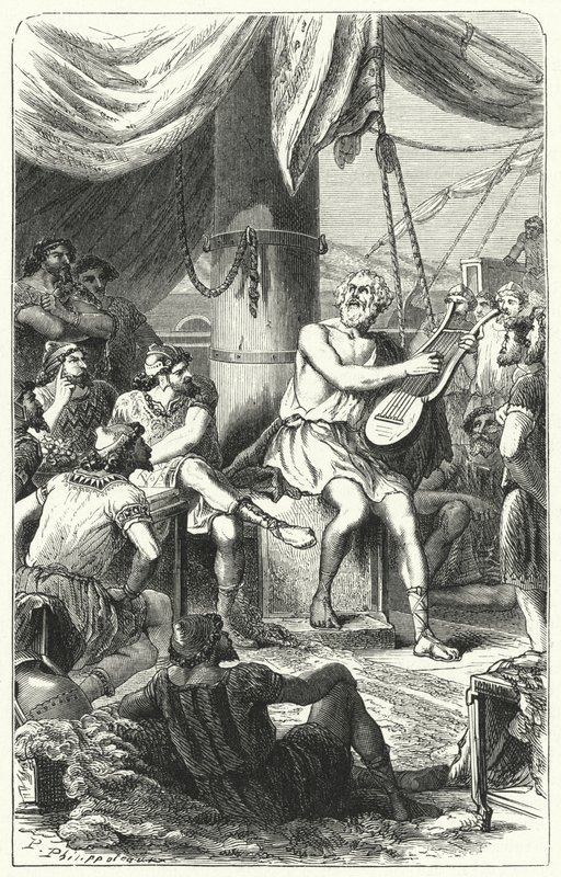 Homer entertaining foreign sailors with a song (engraving) بواسطة بول دومينيك فيليبوتو