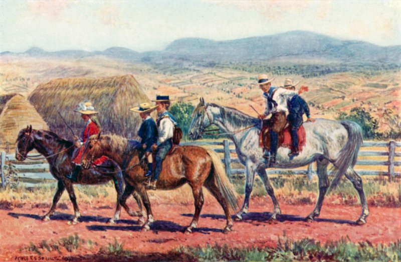 Australian children riding to school (colour litho) بواسطة بيرسي FS (بعد) سبنس