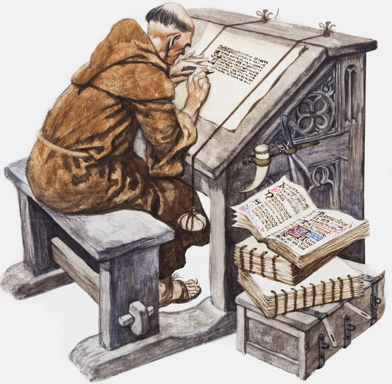 راهب على مكتبه في مكتبه في دار الكتب (غواش على ورق) بواسطة بيتر جاكسون