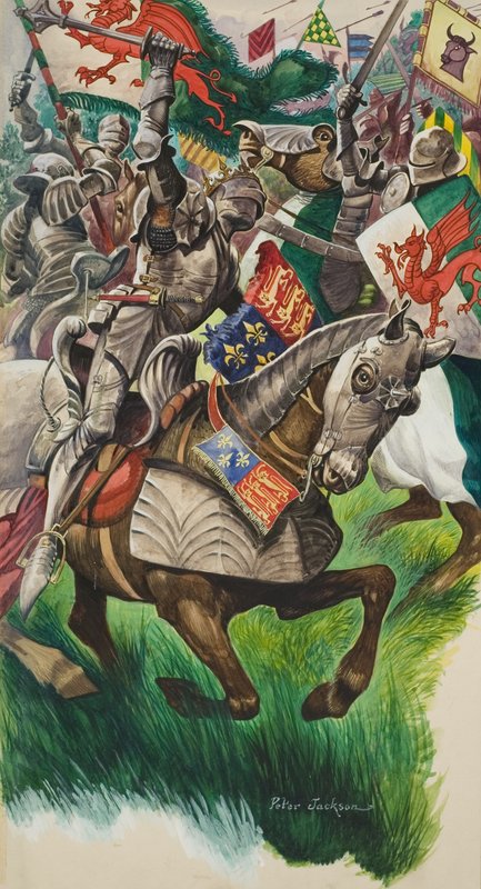 الملك ريتشارد (1452-1455) وهنري تيودور (1457-1509) في ساحة المعركة في ماركت بوسورث عام 1485 (غواش على ورق) بواسطة بيتر جاكسون