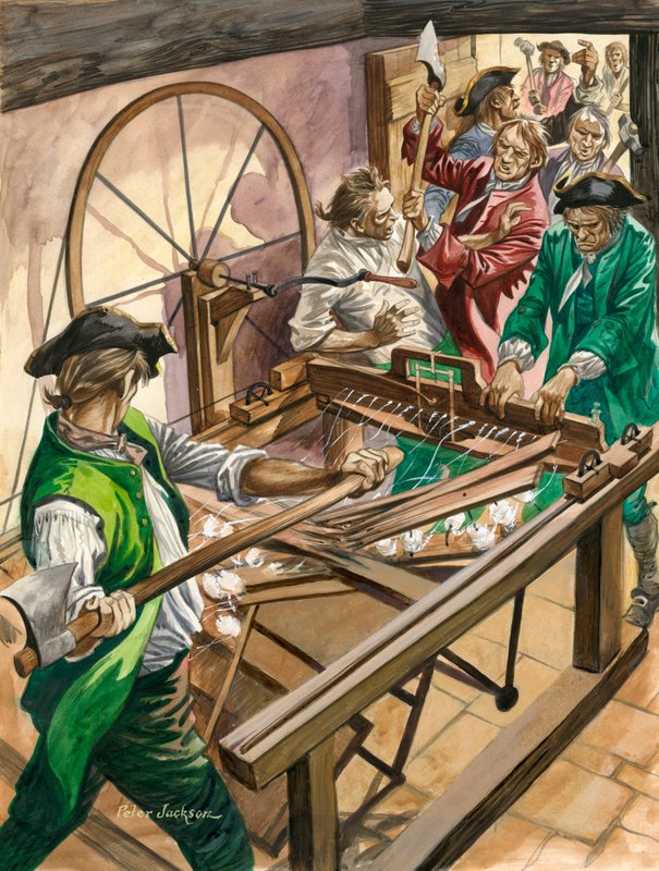 يهاجم العمال منزل بلاكبيرن من جيمس هارجريفز لتدمير اختراعه ، Spinning Jenny بواسطة بيتر جاكسون
