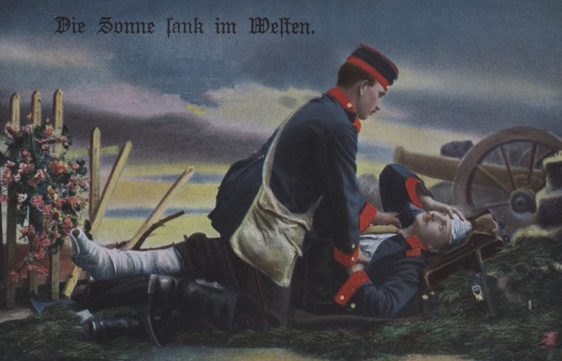 The Sun set in the west: a German soldier comforting his dying comrade on the battlefield (coloured photo) بواسطة مصور فوتوغرافي ألماني