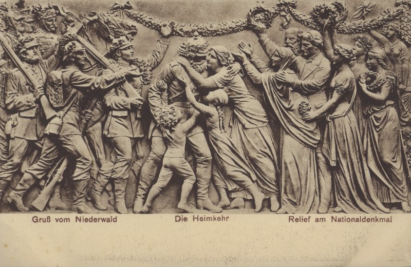 العودة للوطن ، الإغاثة على Nationaldenkmal ، النصب التذكاري لإحياء ذكرى توحيد ألمانيا ، Rudesheim am Rhein ، هيس (صورة b / w) بواسطة مصور فوتوغرافي ألماني