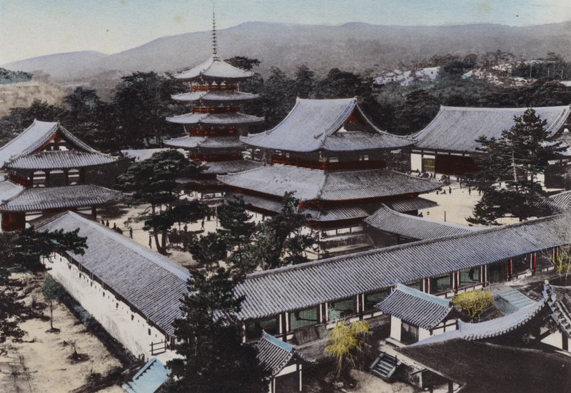 اليابان ، حوالي عام 1912: Horyu-ji ، أقدم معبد بوذي في اليابان ، تم بناؤه منذ حوالي 1300 عام ، ياماتو (صورة) بواسطة مصور فوتوغرافي ياباني