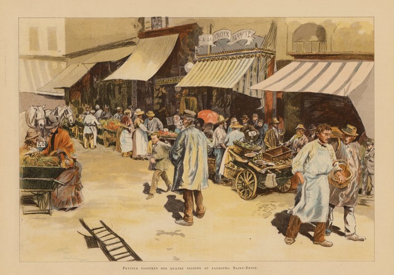 مارشان دي كاتر سيزونز في شارع دو فوبورغ سان دوني، باريس (صورة حجرية ملونة) بواسطة بيير جورج جينيوت