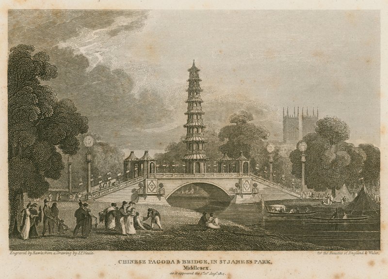 تم تشييد المعبد الصيني والجسر فوق القناة في حديقة سانت جيمس كما ظهرت في 1 أغسطس 1814 بواسطة بيتر جانز. شرابة