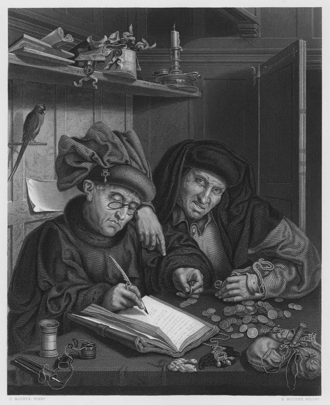 The Misers, from the picture in the Royal Collection (engraving) بواسطة كوينتين (بعد) ماسيس أو ميتسيس